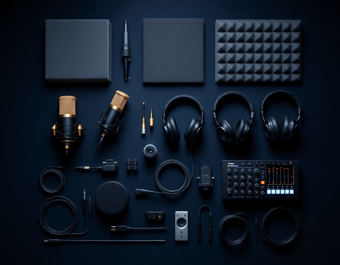 Flat-lay of podcast microphones, headphones and acoustic foam from above