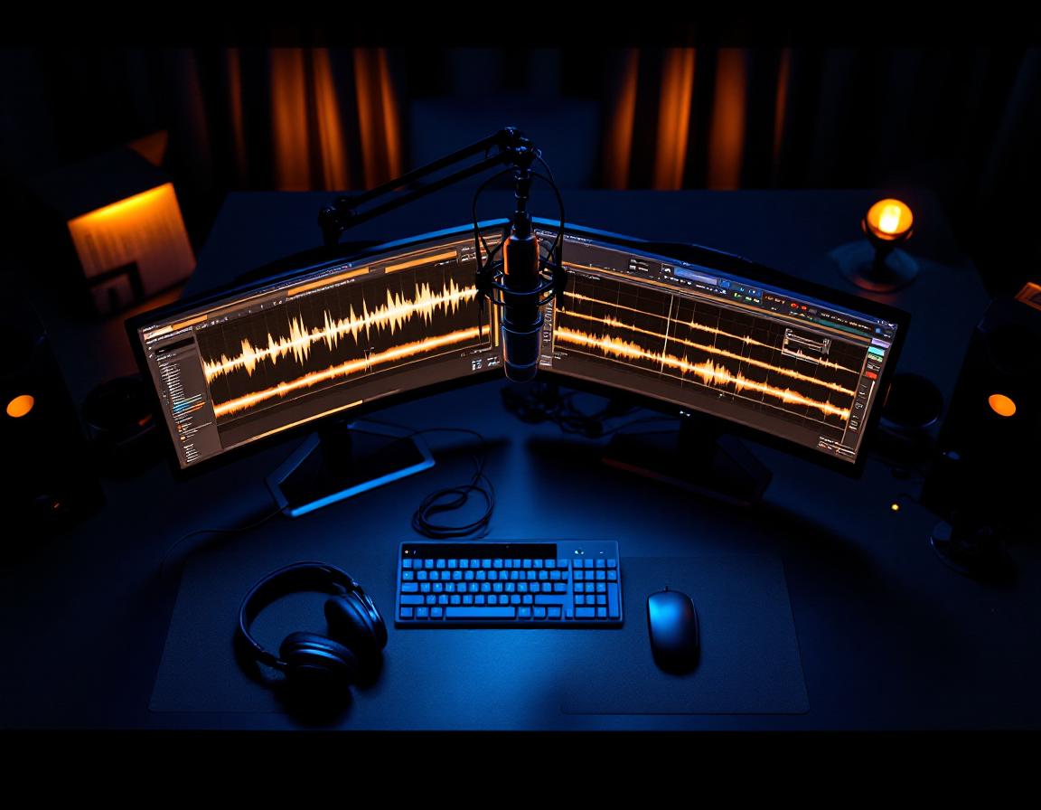 Multitrack waveforms glowing amber on a dark editing screen with a hand on a fader