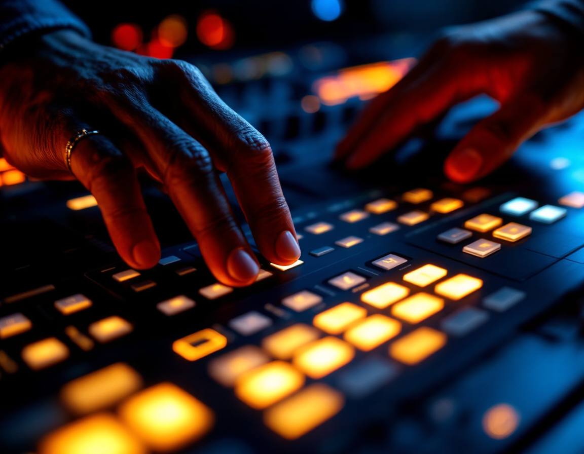 Studio monitors and a MIDI keyboard on a walnut desk under warm gold light against navy walls